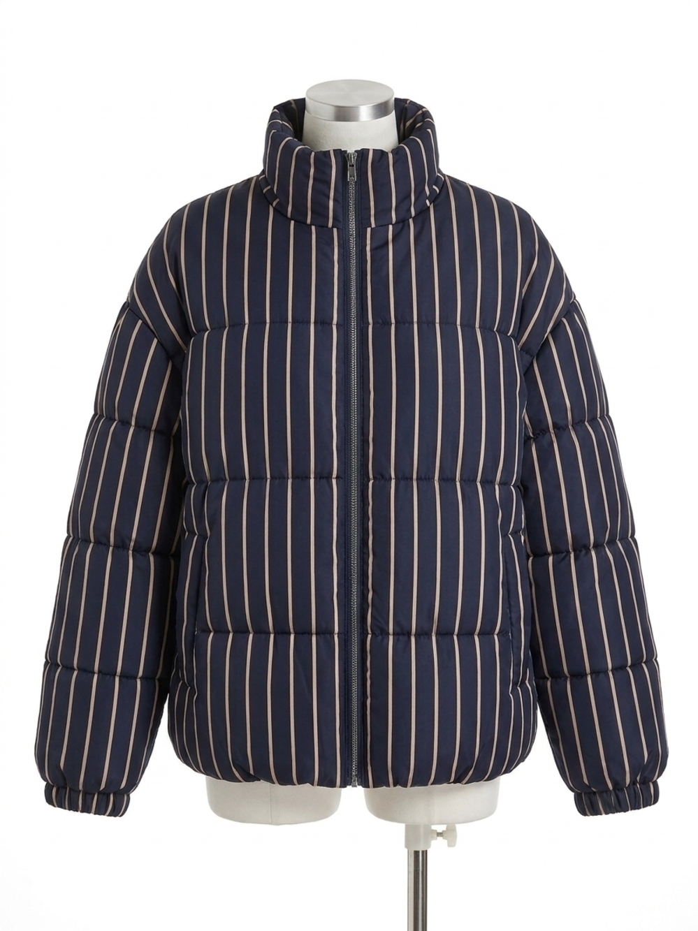NEW BLU PEPPER women's striped high neck puffer jacket in navy